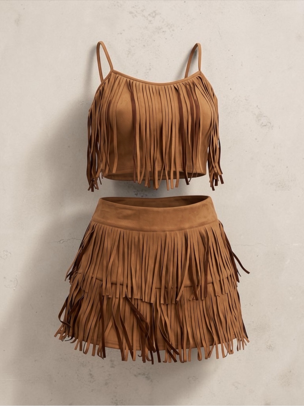 Fringed Two-Piece Skirt Set in Tan